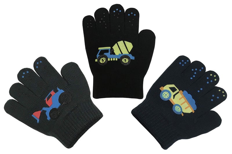 N'Ice Caps Kids Magic Stretch Gloves Mitten 3 Pairs Toddler Boys Girls Winter (3-5 Years, Trucks - Navy/Charcoal/Black) - Image 1